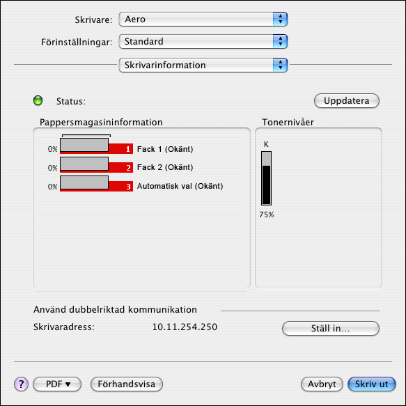 SKRIVA UT FRÅN MAC OS X 22 6 Om du vill uppdatera status för MFP i fönstret Skrivarinformation klickar du på Uppdatera.