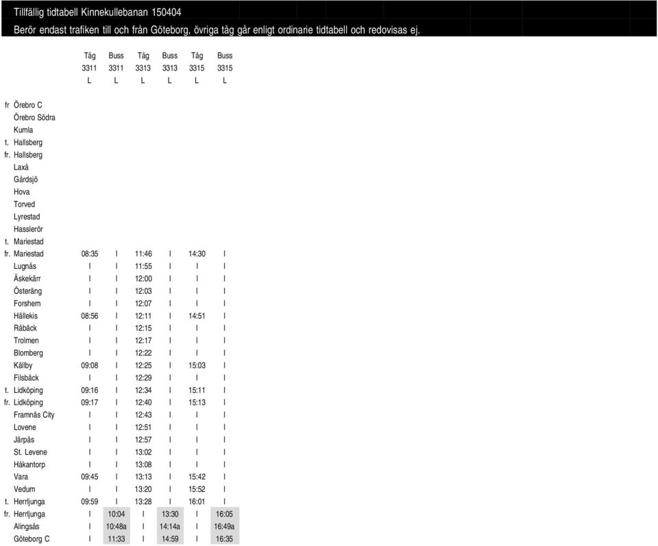 12:17 I I I Blomberg I I 12:22 I I I Källby 09:08 I 12:25 I 15:03 I Filsbäck I I 12:29 I I I t. Lidköping 09:16 I 12:34 I 15:11 I fr.