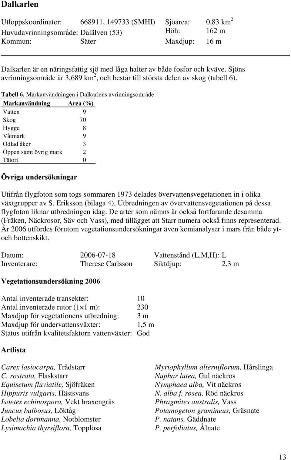 Markanvändning Area (%) Vatten 9 Skog 7 Hygge 8 Våtmark 9 Odlad åker 3 Öppen samt övrig mark 2 Tätort Övriga undersökningar Utifrån flygfoton som togs sommaren 1973 delades övervattensvegetationen in