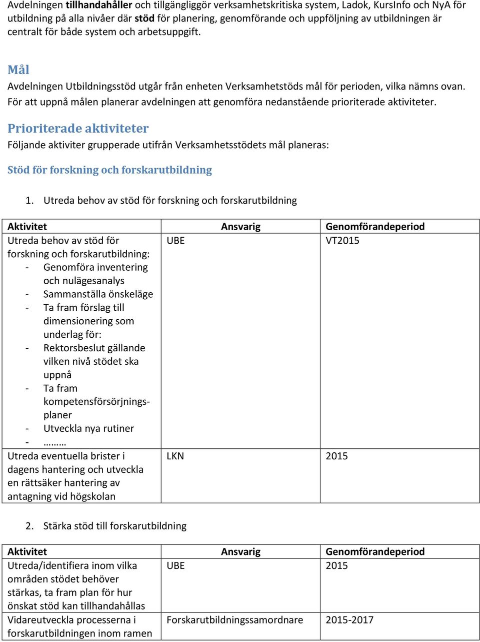 För att uppnå målen planerar avdelningen att genomföra nedanstående prioriterade aktiviteter.