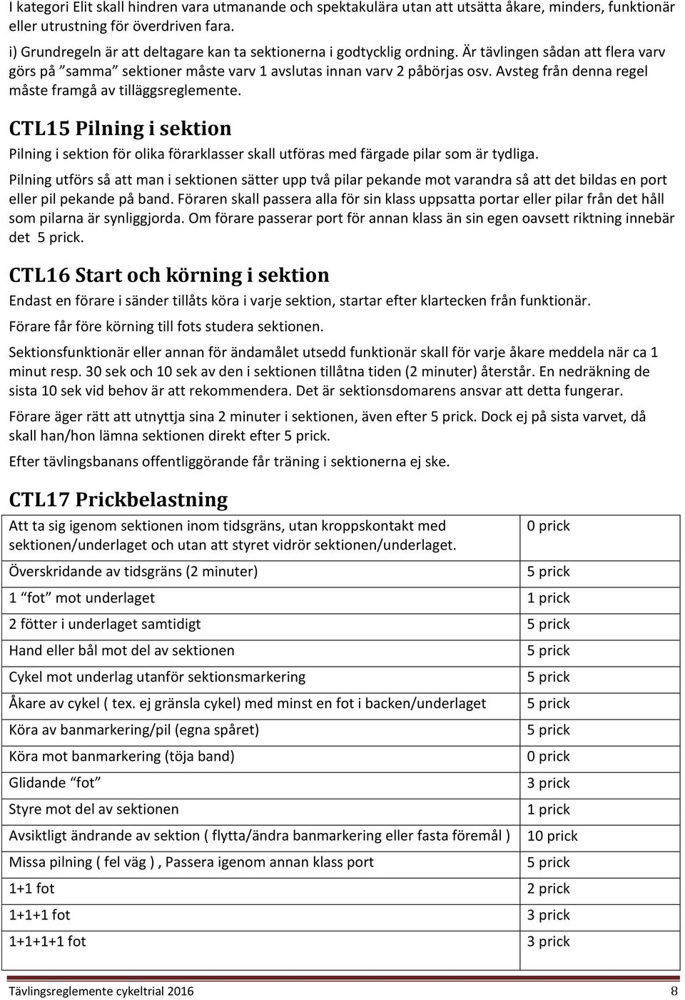 Avsteg från denna regel måste framgå av tilläggsreglemente. CTL15 Pilning i sektion Pilning i sektion för olika förarklasser skall utföras med färgade pilar som är tydliga.