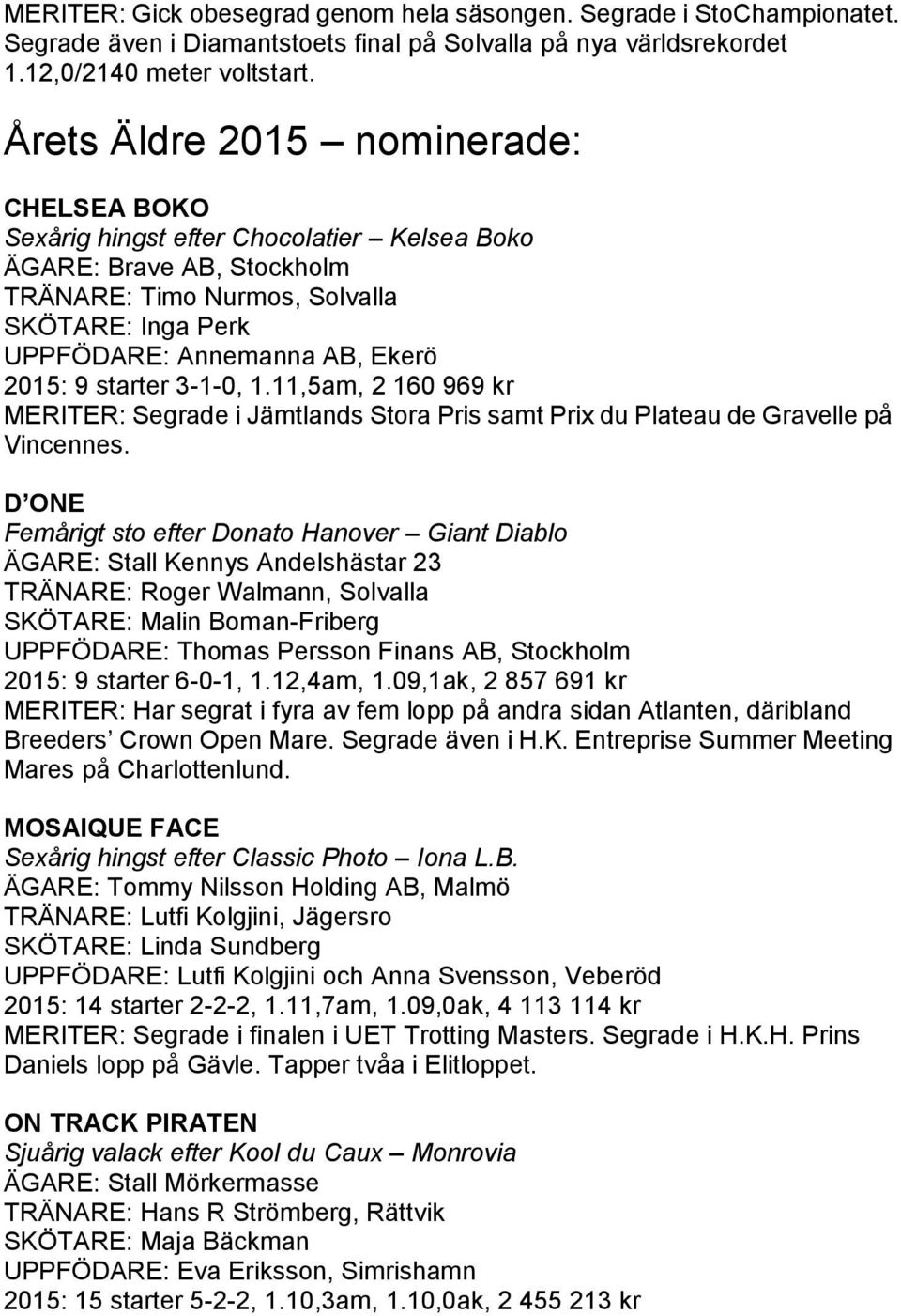 2015: 9 starter 3-1-0, 1.11,5am, 2 160 969 kr MERITER: Segrade i Jämtlands Stora Pris samt Prix du Plateau de Gravelle på Vincennes.