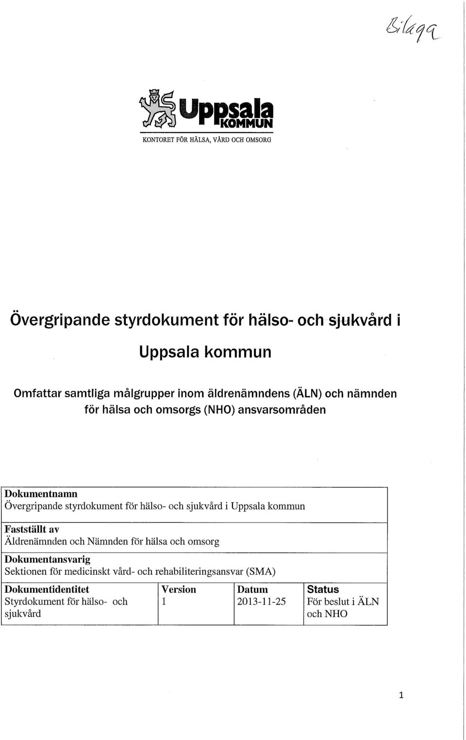 och sjukvård i Uppsala kommun Fastställt av Äldrenämnden och Nämnden för hälsa och omsorg Dokumentansvarig Sektionen för medicinskt vård-