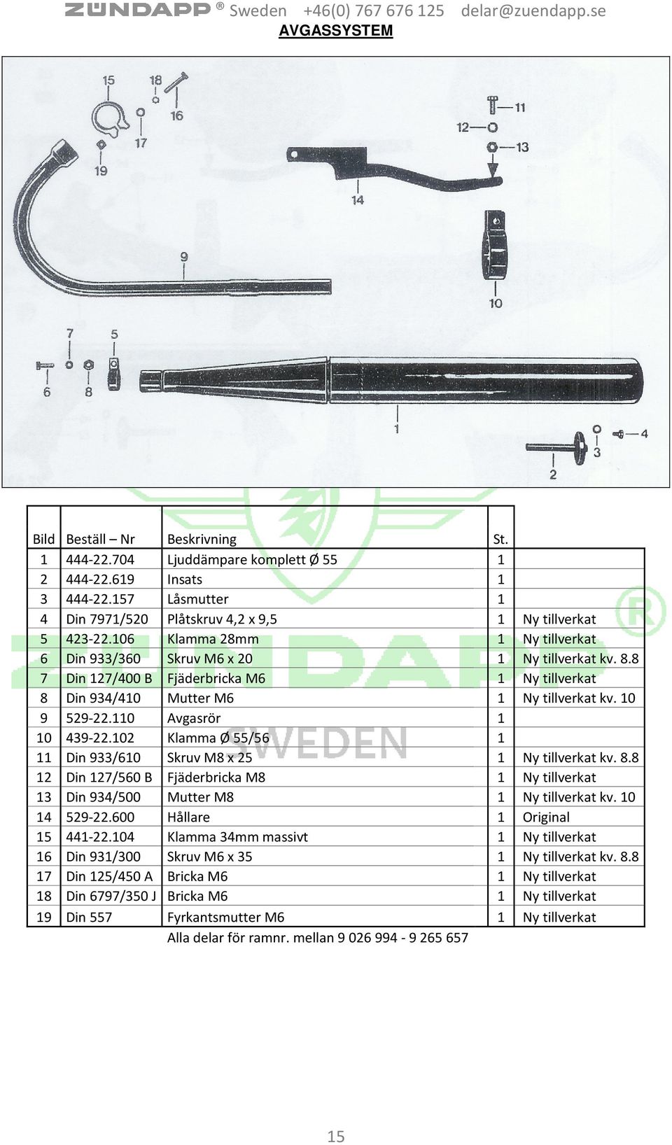 110 Avgasrör 1 10 439-22.102 Klamma Ø 55/56 1 11 Din 933/610 Skruv M8 x 25 1 Ny tillverkat kv. 8.8 12 Din 127/560 B Fjäderbricka M8 1 Ny tillverkat 13 Din 934/500 Mutter M8 1 Ny tillverkat kv.