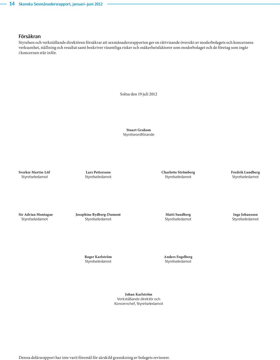 Solna den 19 juli Stuart Graham Styrelseordförande Sverker Martin-Löf Lars Pettersson Charlotte Strömberg Fredrik Lundberg Styrelseledamot Styrelseledamot Styrelseledamot Styrelseledamot Sir Adrian