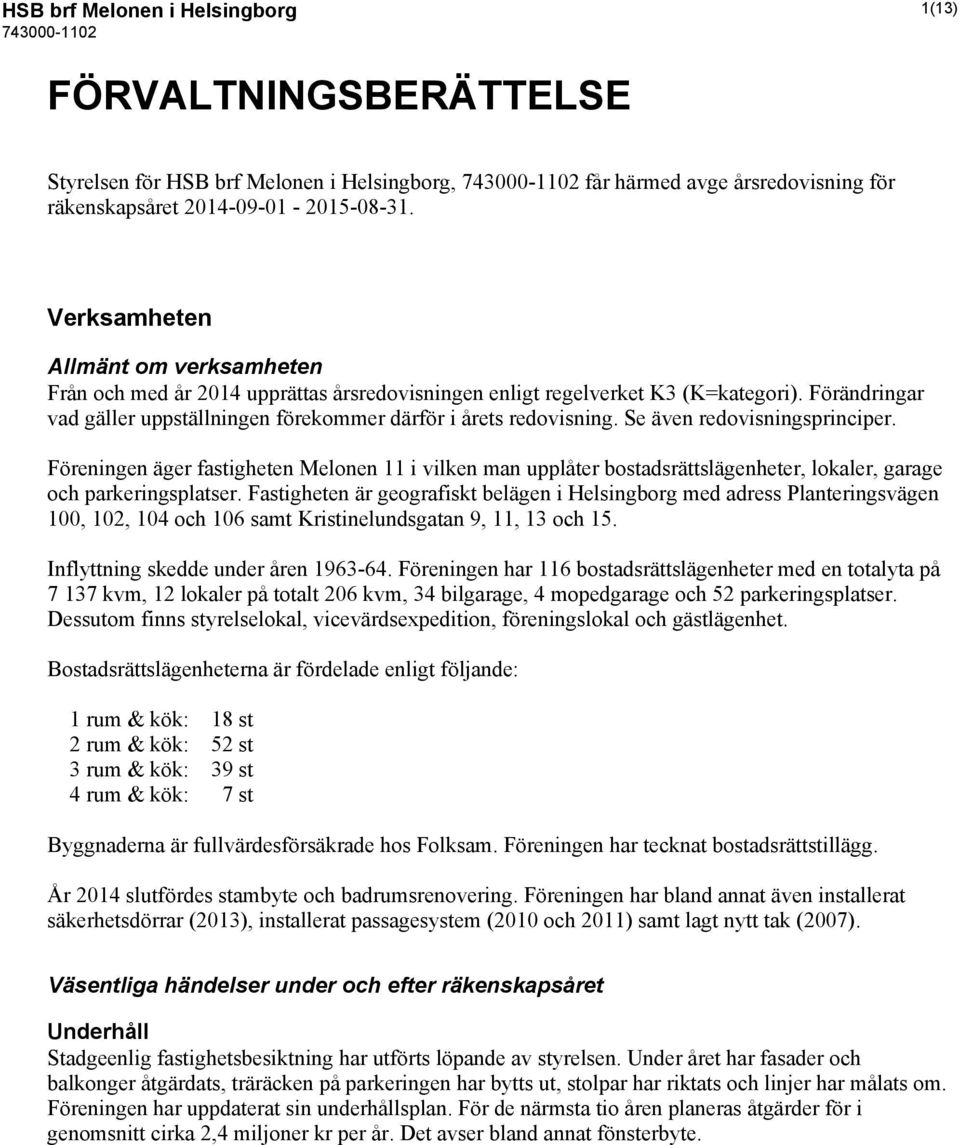 Se även redovisningsprinciper. Föreningen äger fastigheten Melonen 11 i vilken man upplåter bostadsrättslägenheter, lokaler, garage och parkeringsplatser.