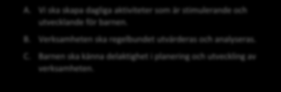 Pririterade mråden ch mål 2012/2013 För att nå uppsatta mål planerades följande pririteringar inför läsåret 2012/2013: A. Vi ska skapa dagliga aktiviteter sm är stimulerande ch utvecklande för barnen.