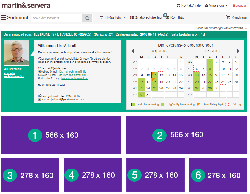 Annonsplatser i Martin & Serveras e-handel Startsidan Det finns många olika annonsytor i Martin & Serveras e-handel. Det första kunden möts av är startsidan där vi visar upp sex annonser.