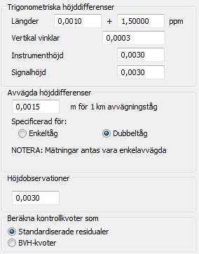 Figur 2.7. Inställningar som användes vid nätutjämningen som baseras på multistationens specifikationer. 2.4.1.