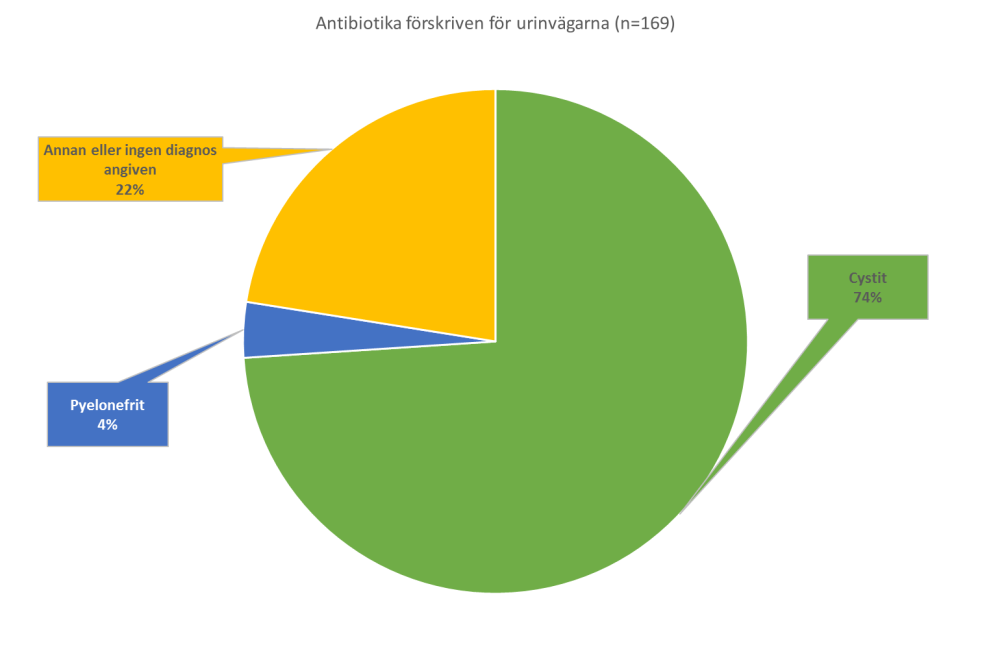 Antibiotikabehandling mot urinvägsinfektioner Den vanligaste angivna läkardiagnosen för antibiotikabehandling mot infektion i urinvägarna var cystit (74 %) följt av annan eller ingen diagnos