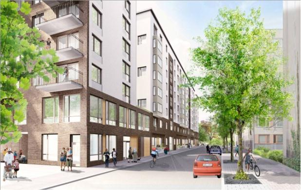 Vy från söder Vy från norra gatan Stockholmshems planerade nyproduktion består av två byggnader, varav ett bostadskvarter med 99 lägenheter och ett fristående hus, tävlingsbyggnaden/ Parkhuset med 24