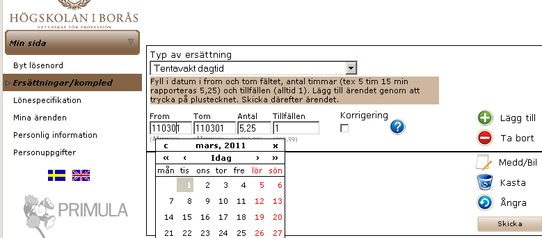 Version 3, 2011-04-07 3 av 8 Under fliken Ersättningar/kompled väljer du Typ av ersättning. Du får då fyra val; Tentaansvarig som du använder om du varit tentamensansvarig.