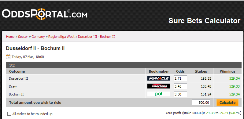www.oddsportal.com Låt oss titta närmare på Oddsportal.com. Jag går in på menyvalet Sure Bets. En match ifrån de lägre tyska ligorna kan ge en vinst på 5.9%.