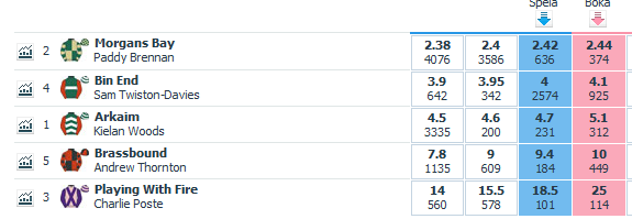 Jag går in på Betfair, direktlänk finns med i Mikes mejl. Som Mike förutspådde Oddsen på Bin End är nu nere på 4.1. Jag spelar till oddset 5.5 och bokar nu samma häst till oddset 4.1. Jag får ett Betfair arbitrage, där jag vinner oavsett utgången.