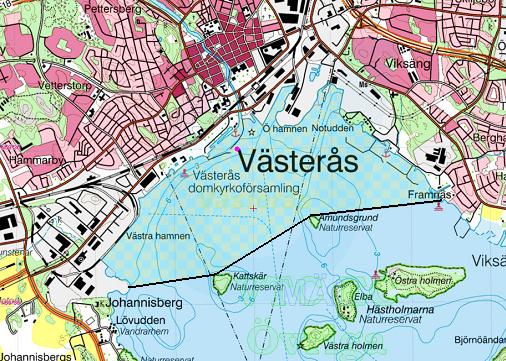 Figur 1. Schematisk bild av ansvarsfördelningen. Olja i vattnet är statens ansvar. Olja på land samt i hamnar och dess vattenområden är kommunalt vatten.