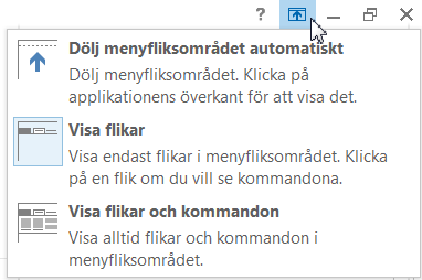 Allmänt - Menyflikar Menyflikar I Outlook finns ett antal menyflikar som är åtgärdsspecifika. Ibland kallas menyflikarna för engelskans ribbon.