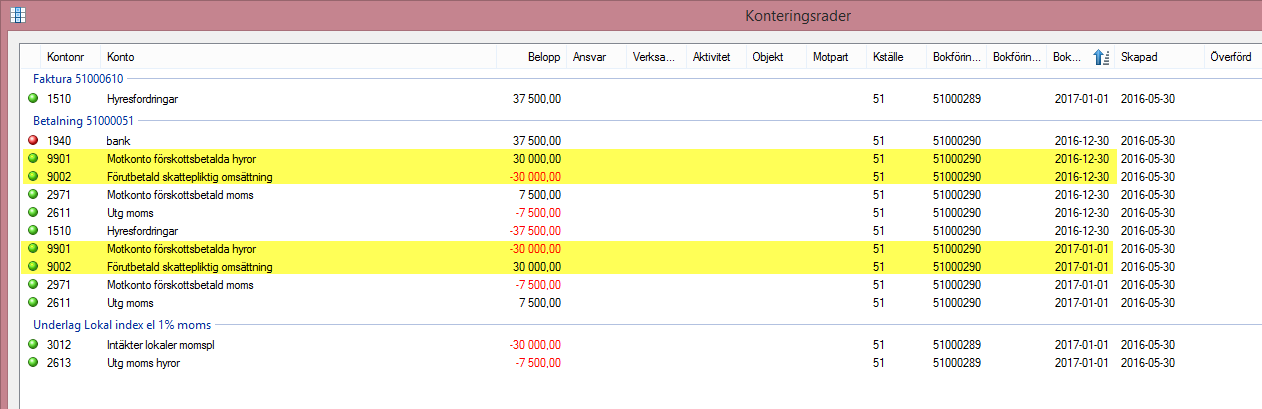 EXEMPEL BOKFÖRING Då förskottsbetalning inkommer flyttas omsättningen från ursprungsbokningen till betalningsperioden.