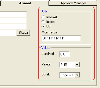 Klicka OK när du fyllt i alla bankuppgifterna för leverantören. Klicka sedan på fliken Allmänt i leverantörskortet och fyll i följande val: Sätt en markering i om kunden är Inhemsk, Import eller EU.