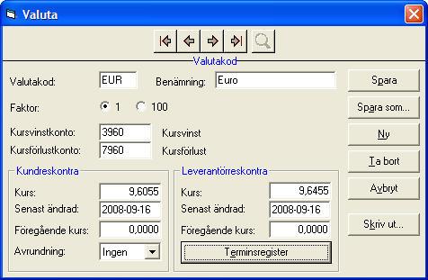 Observera att du måste fylla i fältet kurs både i fältet kundreskontra och leverantörsreskontra för att