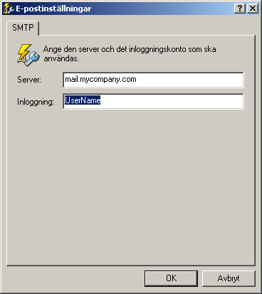 Virusvarningar 4 Klicka på E-postinställningar om du vill ange vilken nätverksserver som ska användas för att skicka Internet-post via SMTP. Varning! Hoppa inte över detta steg.