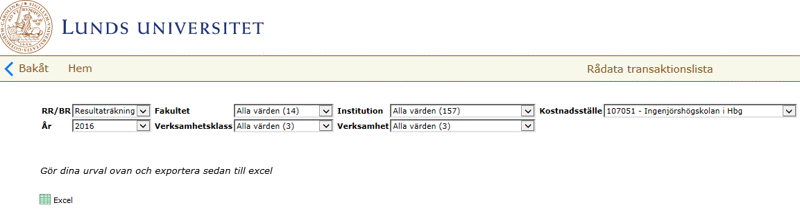 Rådata transaktionslista: En transaktionsrapport fr o m 2016 för överföring till Excel.