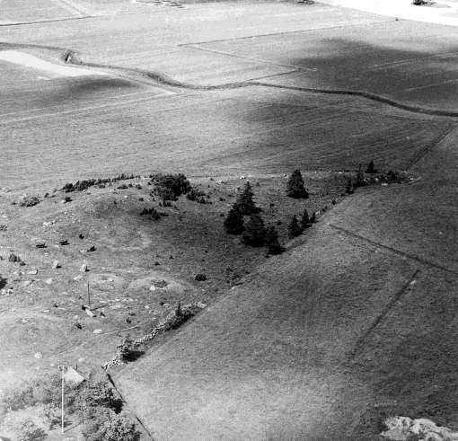 Figur 2. Flygbild över Årby gravfält, Svedvi 192:1. I bakgrunden slingrar Vinbäcken. Foto: ATA.