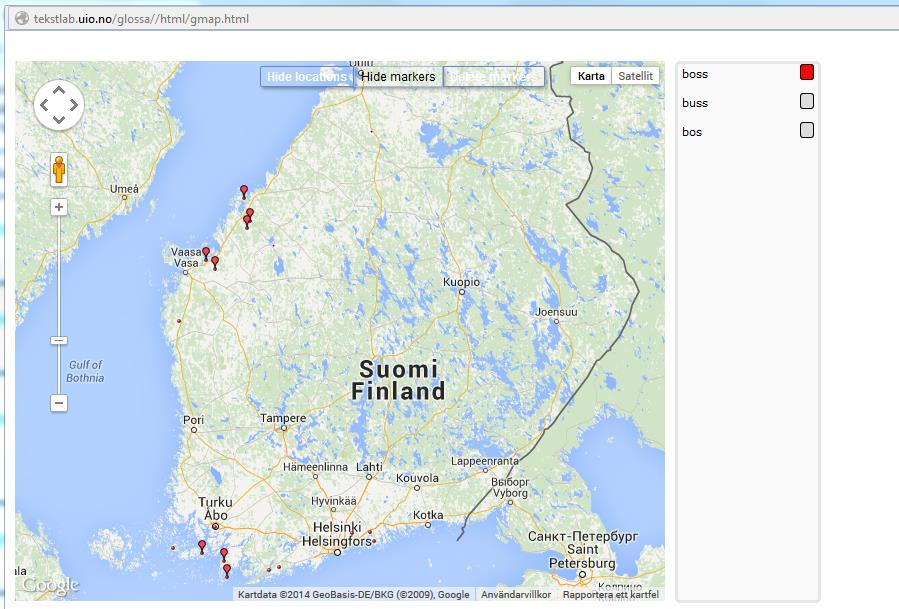 När man klickar på knappen Map (bredvid Action uppe i västra hörnet) visas den geografiska spridningen av sökträffarna på en karta och man får se en lista över de olika varianter som förekommer i den