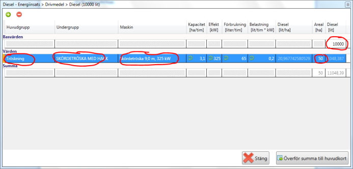 I Diesel underformuläret anges mängden diesel inköpt till gården i rutan längst uppe till höger i tabellen (kolumnen Diesel [lit] ).