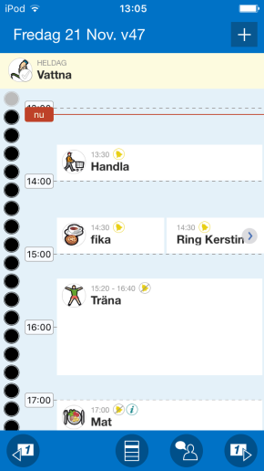 5. Huvudvyer i HandiKalender HandiKalender är byggd runt följande fyra huvudvyer: Kalendervyn Aktivitetsvyn Larmvyn Ändravyn När HandiKalender startar visas Kalendervyn med en lista på dagens