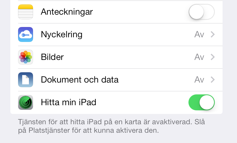 Detta innebär att produkten inte kan användas med ett annat Apple-ID om inte Hitta min ipad/iphone stängts av. Enheten blir därmed helt obrukbar med ett annat Apple-ID.
