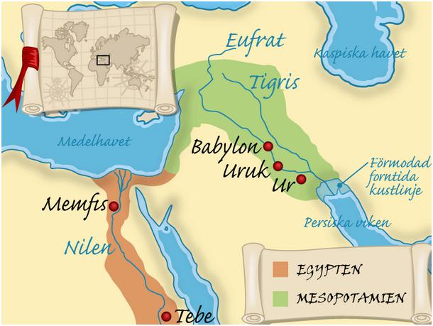 Mesopotamien - landet mellan de två floderna Floderna Eufrat och Tigris rinner ut i Persiska viken. Området kring dem kallades för tvåflodslandet eller Mesopotamien.