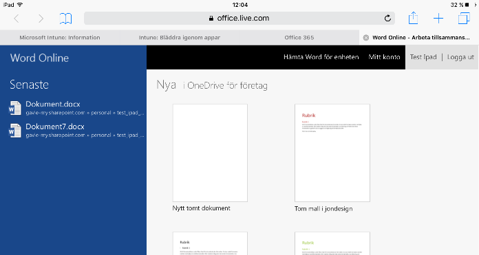 6 Arbeta med dokument i Word Online Klicka på Word online. Skapa nytt dokument Klicka på Nytt tomt dokument eller annan valfri mall.
