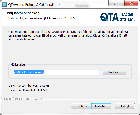 2.3 Installera QTA Tracer System Kör mjukvaran för QTAAccessPointSetup_v1.0.*.*.exe som finns att ladda ned från www.qtatracersystem.com/support.