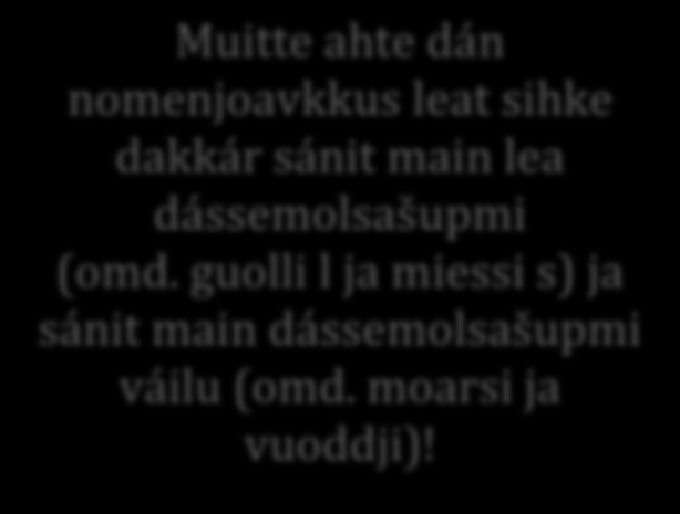 6. K ásusgehčosat ja sojaheapmi Joavku 1 - bárrastávvalnomenat guolli guoli+ t = guolit guoli guoli +id= guliid guolli+i = guolláí guoli + ide=guliide vokaländring guoli+s = guolis guoli +in = guliin