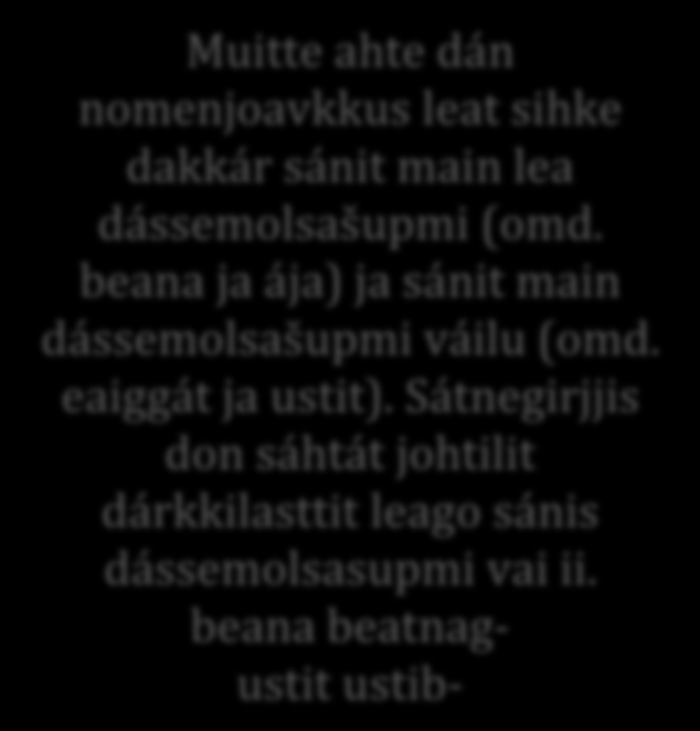Joavku 2 bárahisstávval nomenat (K= konsonánta mii boahtá oidnosii go sátni sojahuvvo) nom ol/ - nom ml/ -Kat gen dahje akk ol/ -Ka gen dahje akk ml/ -KIid ill ol/ -KIi ill ml/ -KIidda lok ol/ -KIs