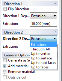 Direction 1 Det går också att vända riktning samtidigt (Flip Direction) samt sätta ett bestämt extruderingsdjup om x antal mm via dropdown-menyn där det som standard står Extrusion.