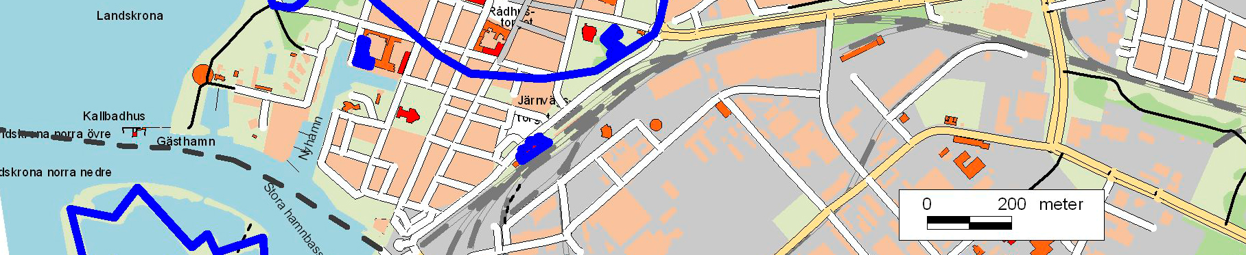 Registrerade fornlämningar är markerade med blått Kyrkoruinen efter Stadskyrkan