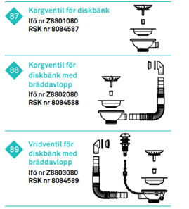 Proppar, silar och ventiler Ifö nr RSK nr <87> Korgventil för diskbänk Passar alla typer av diskbänkar med hål Ø 85-91 mm. Bl.a. Ramnäs, Gustavsberg och ev. Franke och Blanco.