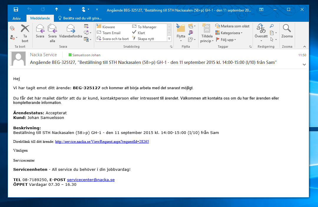 5. Efter att man har fått ett acceptansmail från rummet så får man sedan ett mail från