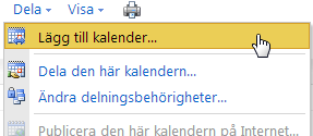 Dela kalendrar Öppna en kollegas kalender via mottagen e-post 1. Klicka på Lägg till den här kalendern i mailet du har fått med delningsinbjudan 2.