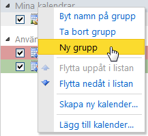 Gruppkalender Gruppkalender Med en gruppkalender kan du snabbt visa dina kollegors bokade tider. Skapa gruppkalender 1. Högerklicka på Mina kalendrar eller Användares kalendrar och välj Ny grupp 2.