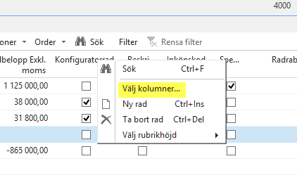 Radskifte Genom att markera rutan Snabbinmatning i kolumninställningarna kan man bestämma vilka fält som markören ska hoppa mellan innan den väljer en ny rad.