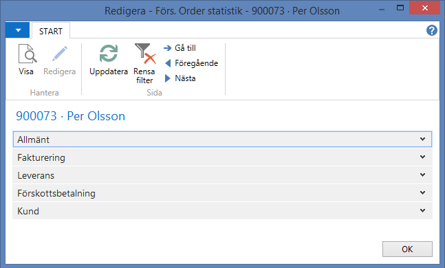 Knappen Order Statistik (F7) Det visas statistik för den aktuella försäljningsordern.