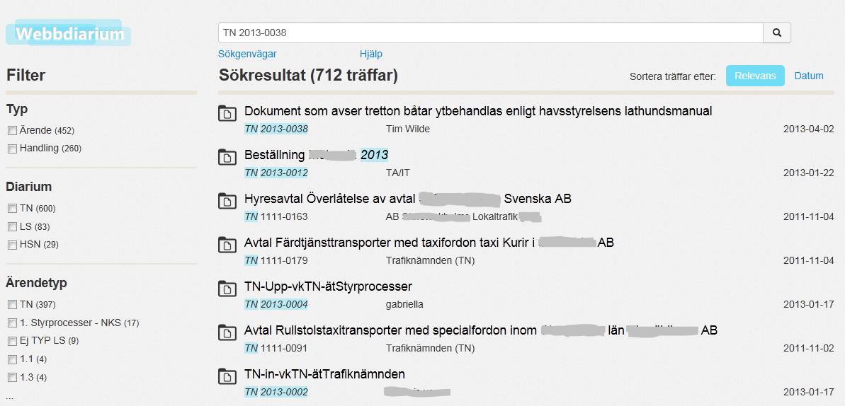 Sökning med diarienummer med citattecken.