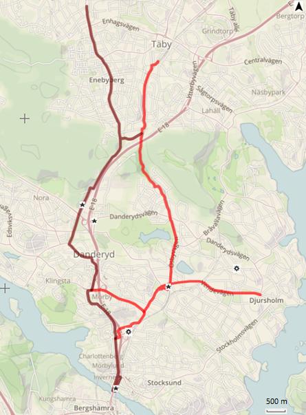 Figur 1: Karta över cykelolyckor med säker position i Danderyds kommun.
