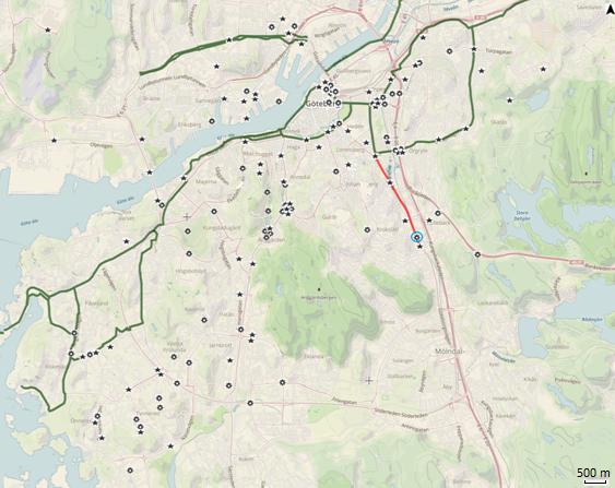 Figur 5: Karta över olyckor med säker position i södra delen av Göteborgs kommun. Karta producerad i Scribble Maps med underlag från Trafikkontoret i Göteborg samt STRADA uttagswebb.