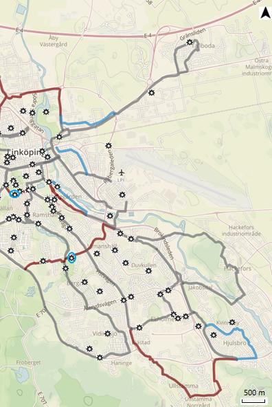 Figur 13:Karta över cykelolyckor med säker position i östra delen av Linköpings kommun.