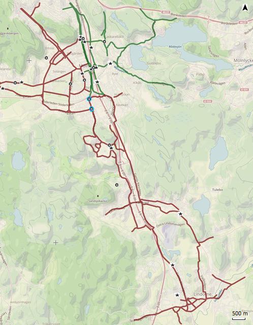 Figur 15: Karta över cykelolyckor med säker position i Mölndals kommun.