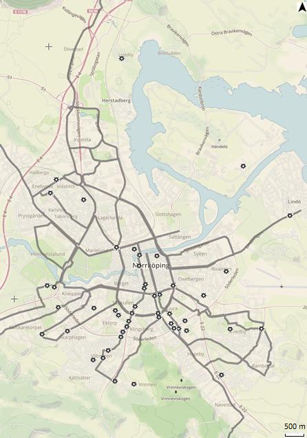 Figur 23: Karta över cykelolyckor med säker position i Norrköpings kommun.