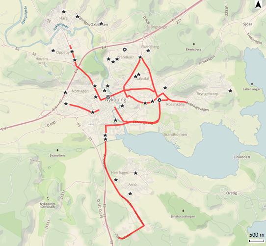 Figur 25: Karta över cykelolyckor med säker position i Nyköpings kommun.